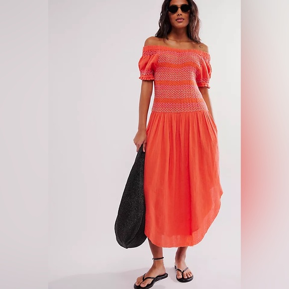 Free People Catch Me Midi Dress Size Small Off Shoulder Fitted Drop Waist Midi - Picture 2 of 6